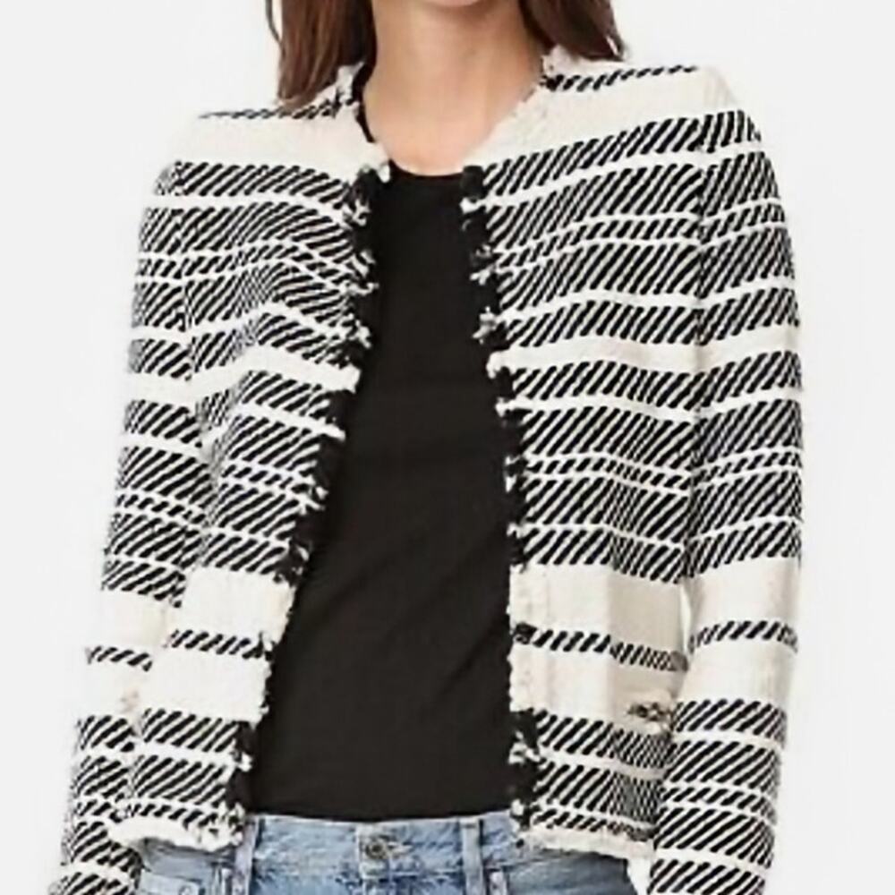 IRO Zlata Tweed Cropped Fringe Blazer Cream Black Open Front Jacket EU 38 US 6